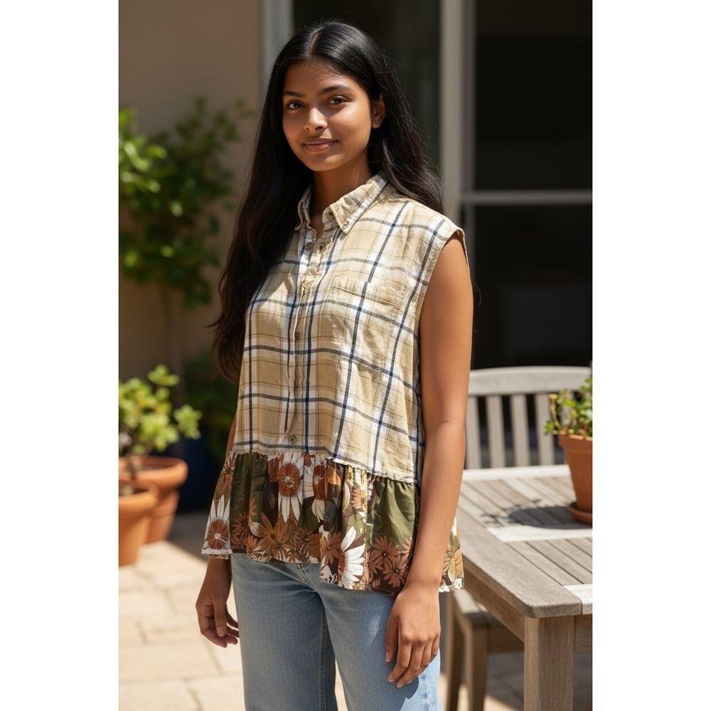 Upcycled Media Plaid Floral Sleeveless Distressed Button Down Tunic Womens XL